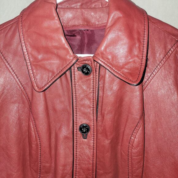 Oxblood Red Genuine Leather Jacket Long Women's Size M/L Button 3/4 Sleeve Chic - Picture 3 of 12